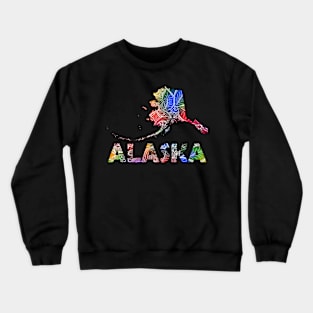 Colorful mandala art map of Alaska with text in multicolor pattern Crewneck Sweatshirt